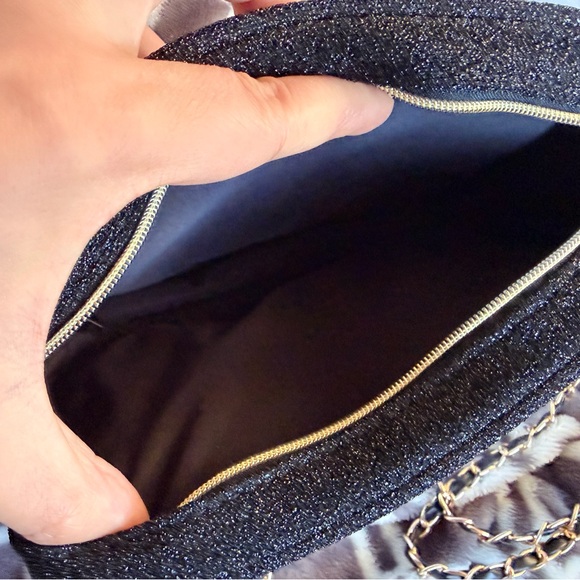 CHANEL Black Glitter Cosmetic Pouch with Gold Charm Chain and Pink Accents - Picture 4 of 6